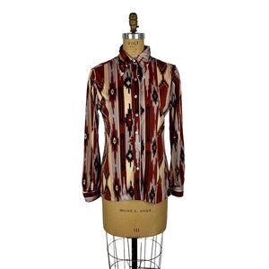 Vintage 70s Southwestern Shirt Womens Small Aztec Rodeo Long Sleeve Nylon Top